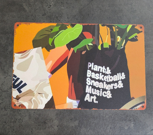 Plaque métal Plantes et Sneakers 20x30 cm art mural urbain végétal streetwear

